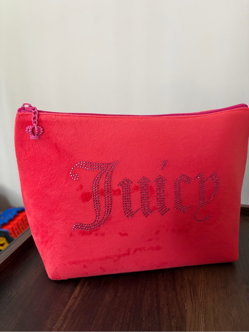 Juicy Couture Bright Pink Rhinestone Logo Velour Cosmetic Pouch